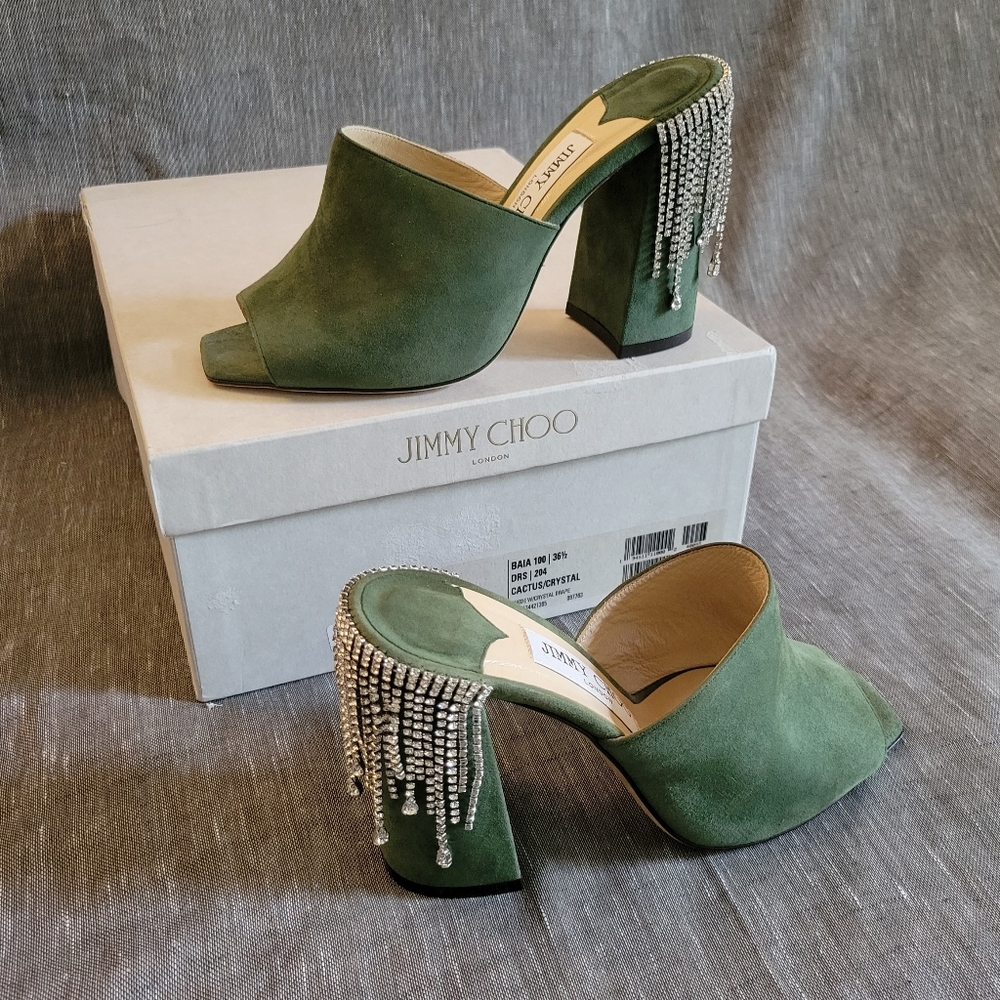 New Jimmy Choo Crystal Rhinestones Suede Mules Block Sandals Size 6.5/7. - Picture 2 of 12